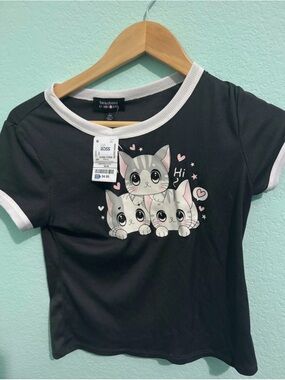Cute Cartoon Kittens Ringer Tee - Black with White Trim
